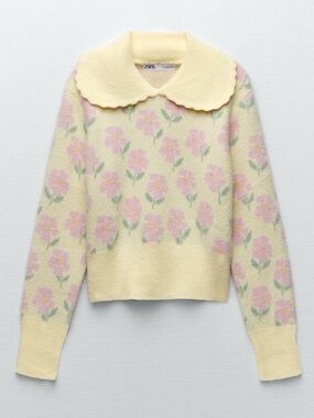 Zara Pale Yellow Scalloped Collar Floral Knit Sweater